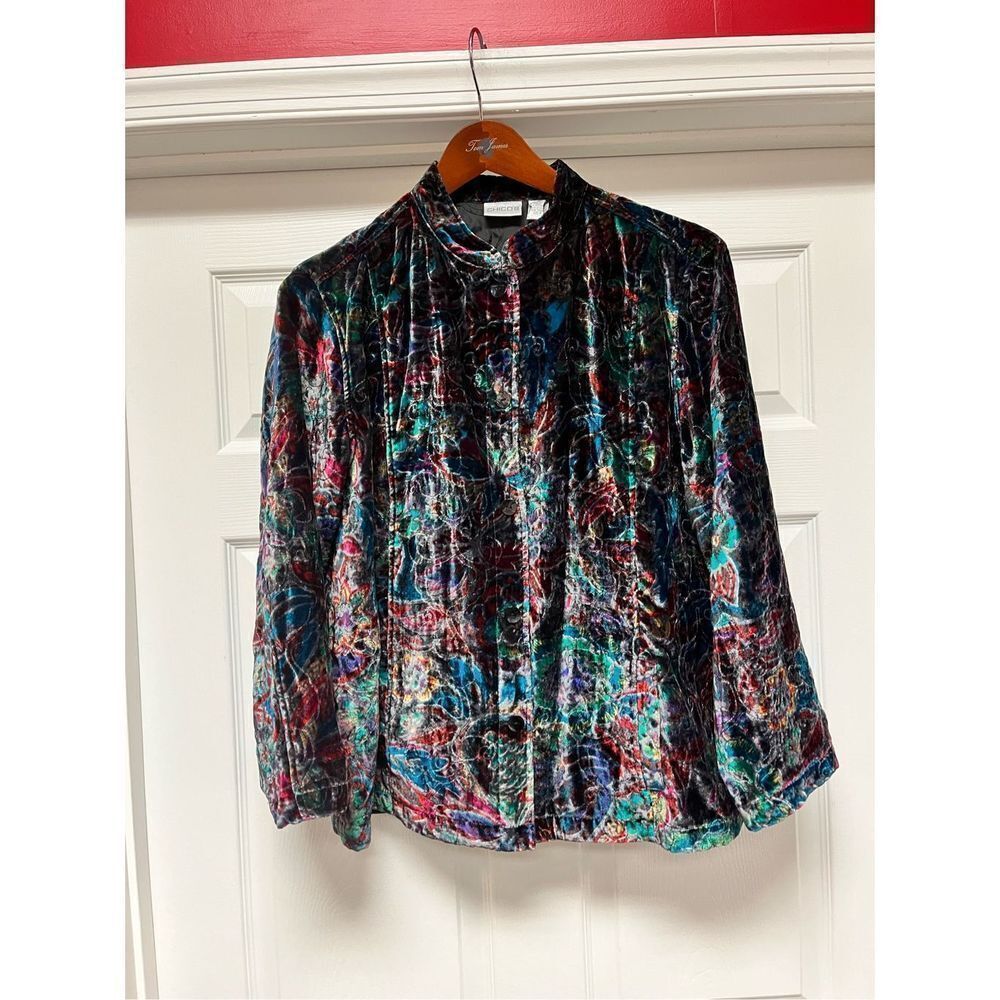 Chico’s Mixed Color Etched Crushed Velvet Jacket sz 3 or XL EUC